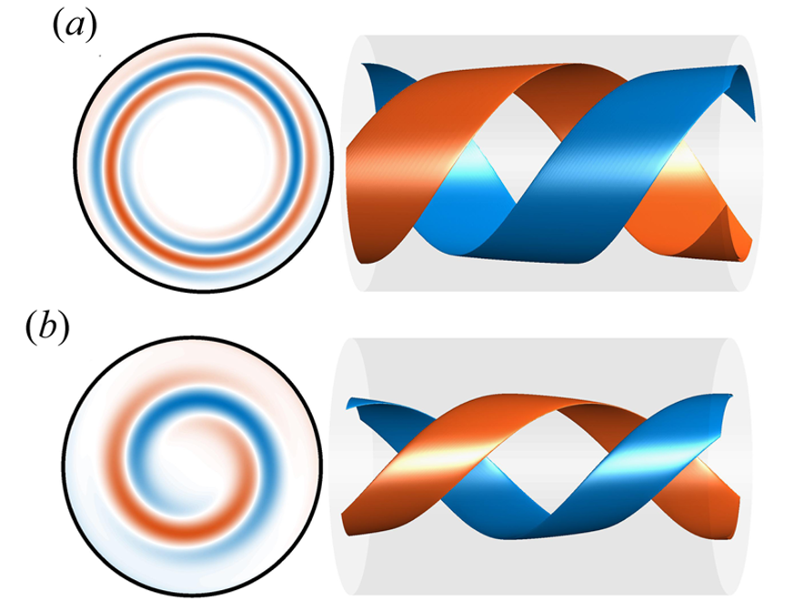 Colour map and isosurfaces of positive (blue) and negative (vermillion) axial vorticity  ωz  of the optimal helical perturbation of a pulsatile flow driven with a sine wave pulsation at Re=2000, A=1  and  Wo=11. In both panels we show a cross-section of the pipe at z=0 to the left; and a section z=1.5D long of the pipe in the right.